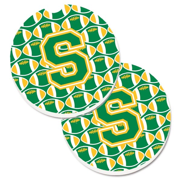 Carolines Treasures Letter S Football Green and Gold Set of 2 Cup Holder Car Coaster CJ1069-SCARC - main
